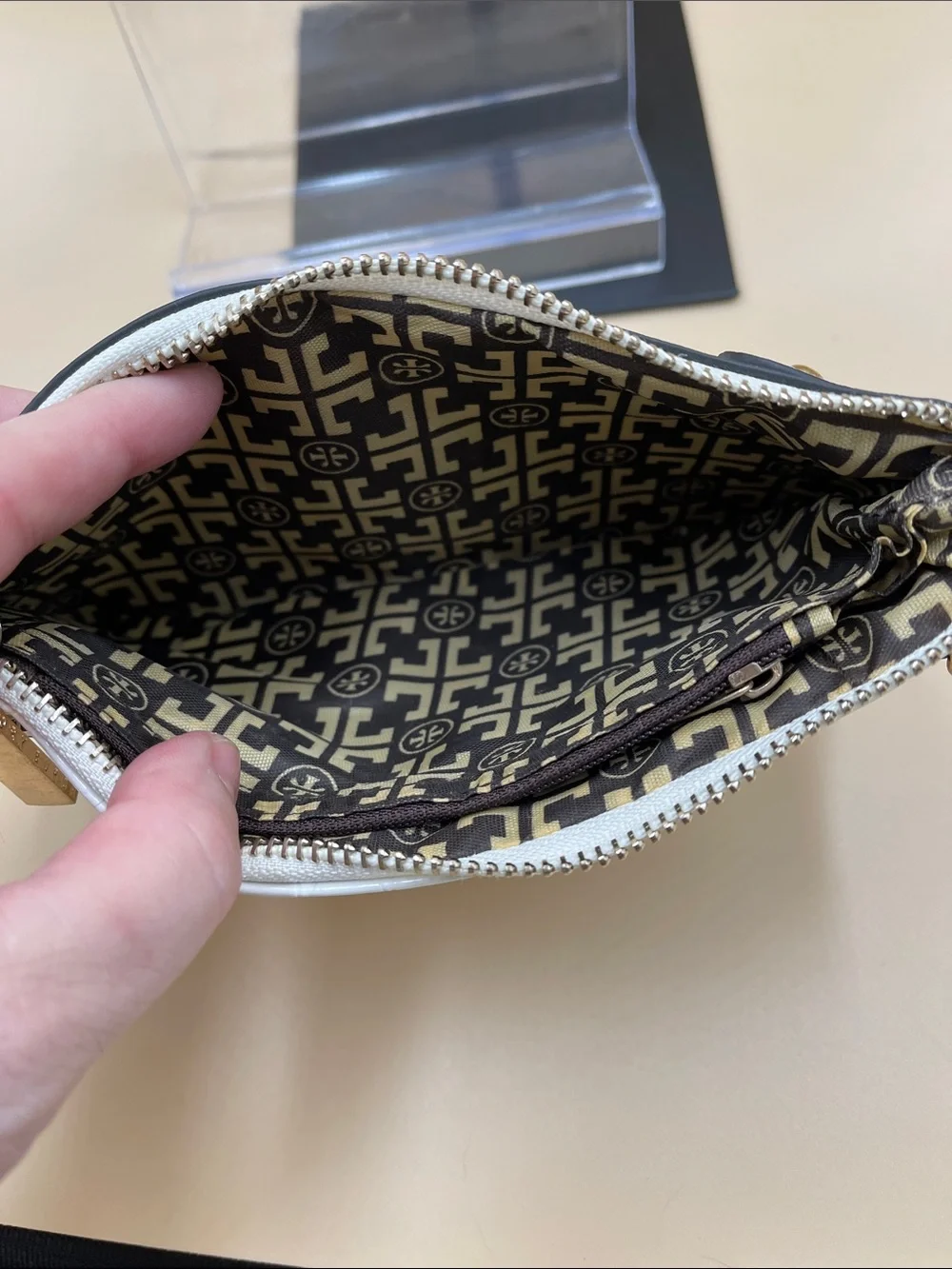 Tory Burch White Croc-Embossed Patent Pouch with Gold Logo